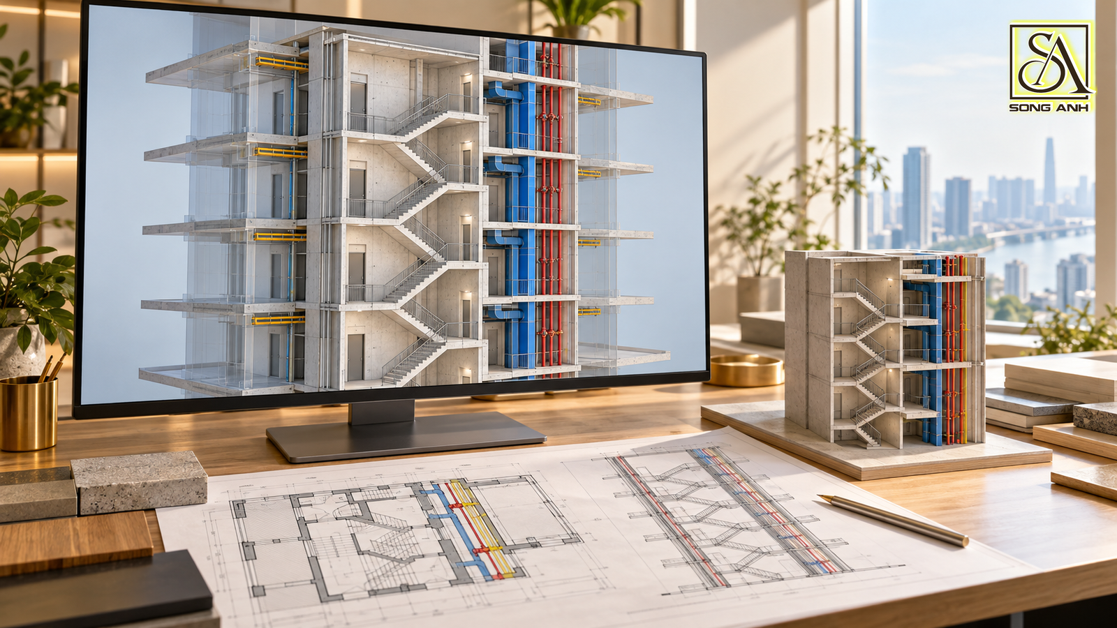 Mô hình BIM lõi thang cao tầng phối hợp vách kết cấu, cửa kiến trúc và các trục cơ điện.
